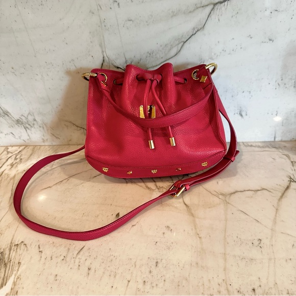 MCM Handbags - Authentic MCM Red Pebbled Leather 2 Way Bucket Bag